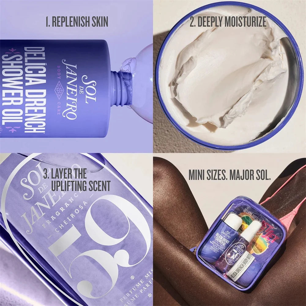 Ensemble Sol De Janeiro 62 68 59 40 avec brume parfumée 30 ml, huile de douche 90 ml, beurre corporel 50 ml, pour les cheveux et le corps, longue durée