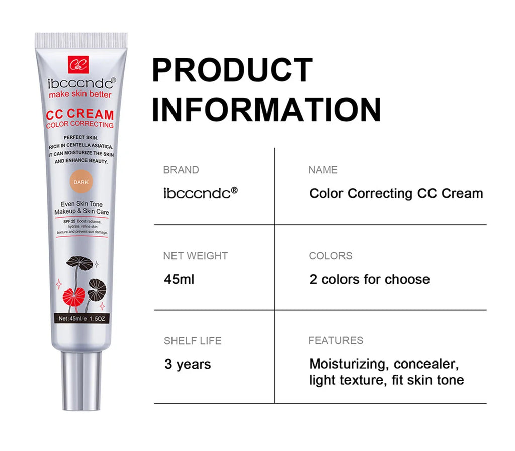 Crème CC Correctrice de Couleur 45/15ml Hydratante, Imperméable et Anti-Transpiration – Maquillage Pré-Base Longue Durée – Crème CC Transformante