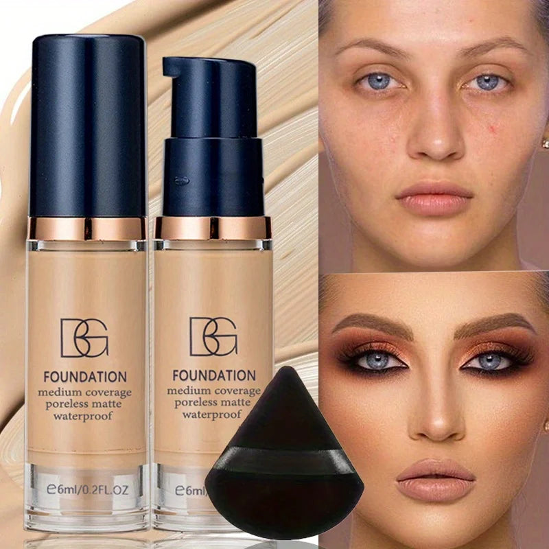 Fond de teint liquide imperméable à couverture complète, 2 pièces, bouffée de poudre triangulaire noire, finition mate longue durée, cernes et couverture imperfections