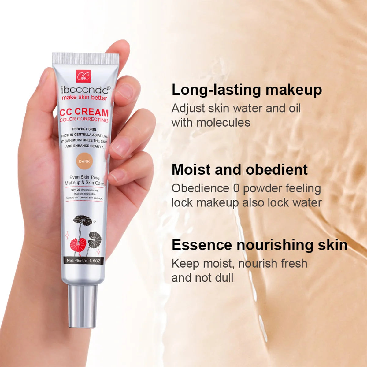 Crème CC Correctrice de Couleur 45/15ml Hydratante, Imperméable et Anti-Transpiration – Maquillage Pré-Base Longue Durée – Crème CC Transformante