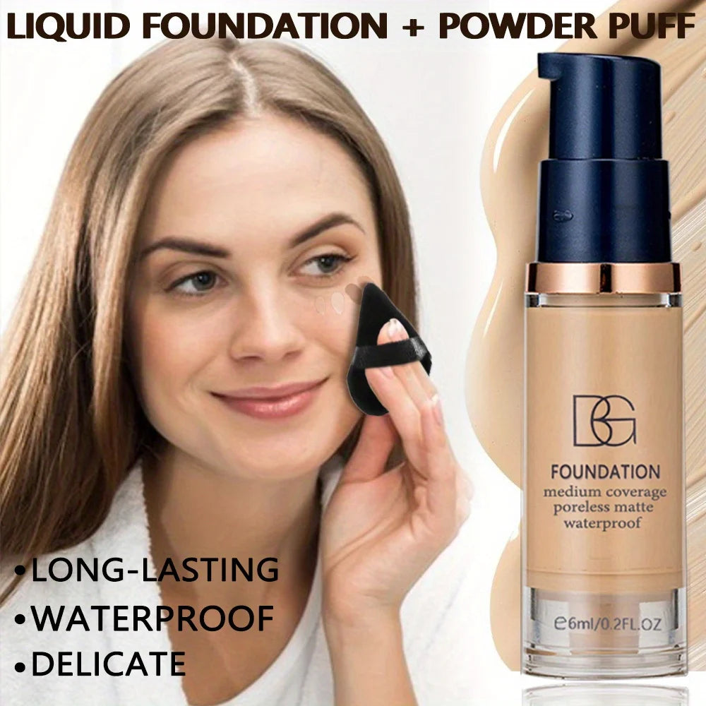 Fond de teint liquide imperméable à couverture complète, 2 pièces, bouffée de poudre triangulaire noire, finition mate longue durée, cernes et couverture imperfections