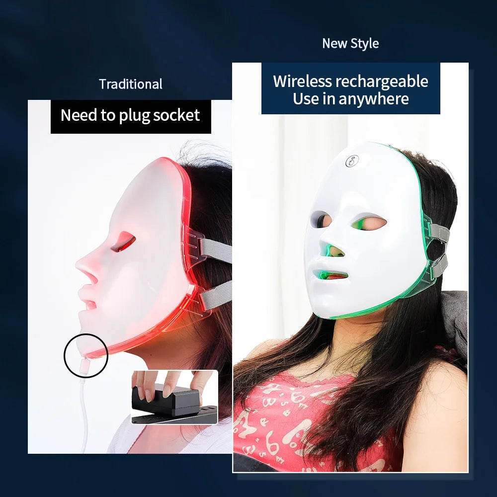 Machine de beauté pour le visage sans fil, masque facial à photons, 7 couleurs, LED, raffermissement de la peau, rajeunissement du cou
