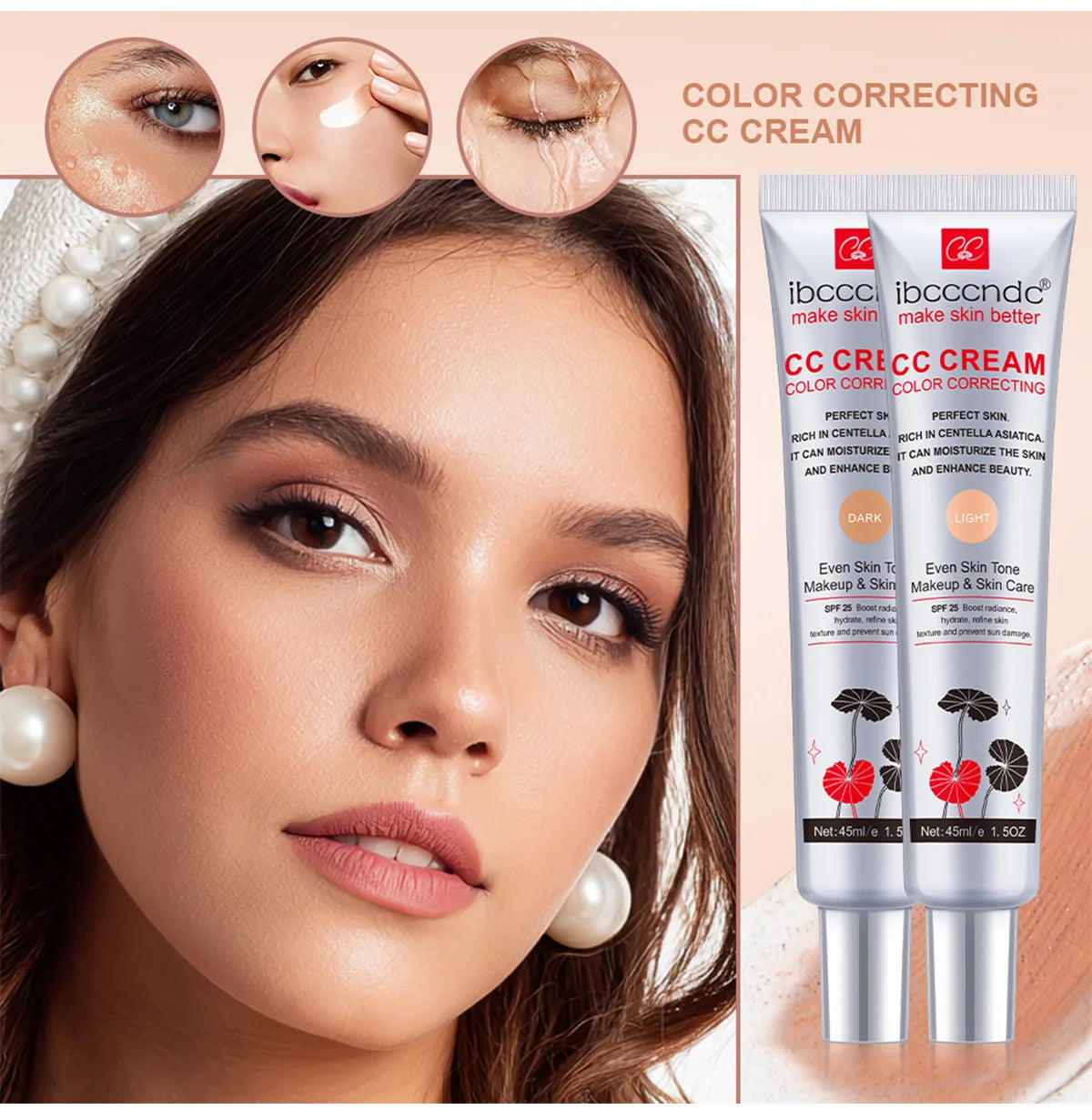 Crème CC Correctrice de Couleur 45/15ml Hydratante, Imperméable et Anti-Transpiration – Maquillage Pré-Base Longue Durée – Crème CC Transformante