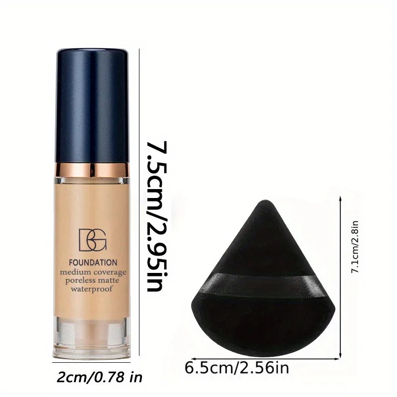 Fond de teint liquide imperméable à couverture complète, 2 pièces, bouffée de poudre triangulaire noire, finition mate longue durée, cernes et couverture imperfections