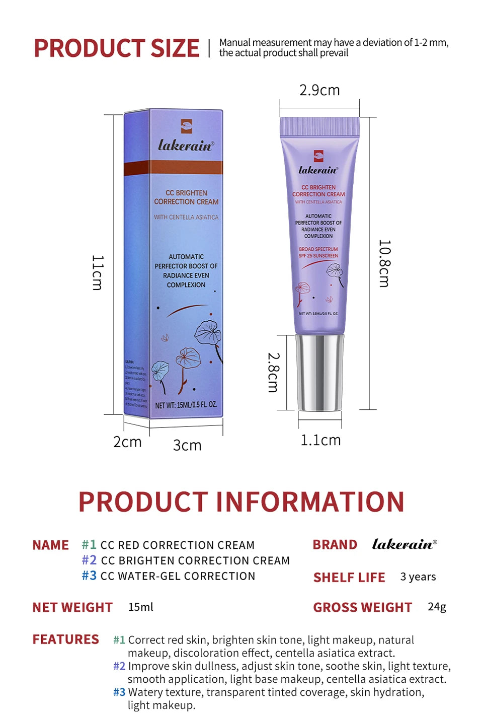 Crème CC Correctrice de Couleur 45/15ml Hydratante, Imperméable et Anti-Transpiration – Maquillage Pré-Base Longue Durée – Crème CC Transformante