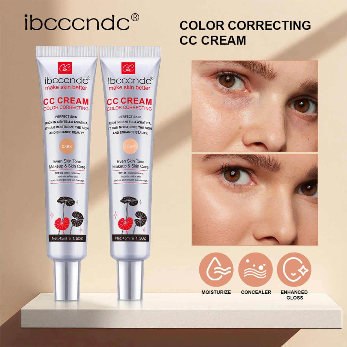 Crème CC Correctrice de Couleur 45/15ml Hydratante, Imperméable et Anti-Transpiration – Maquillage Pré-Base Longue Durée – Crème CC Transformante