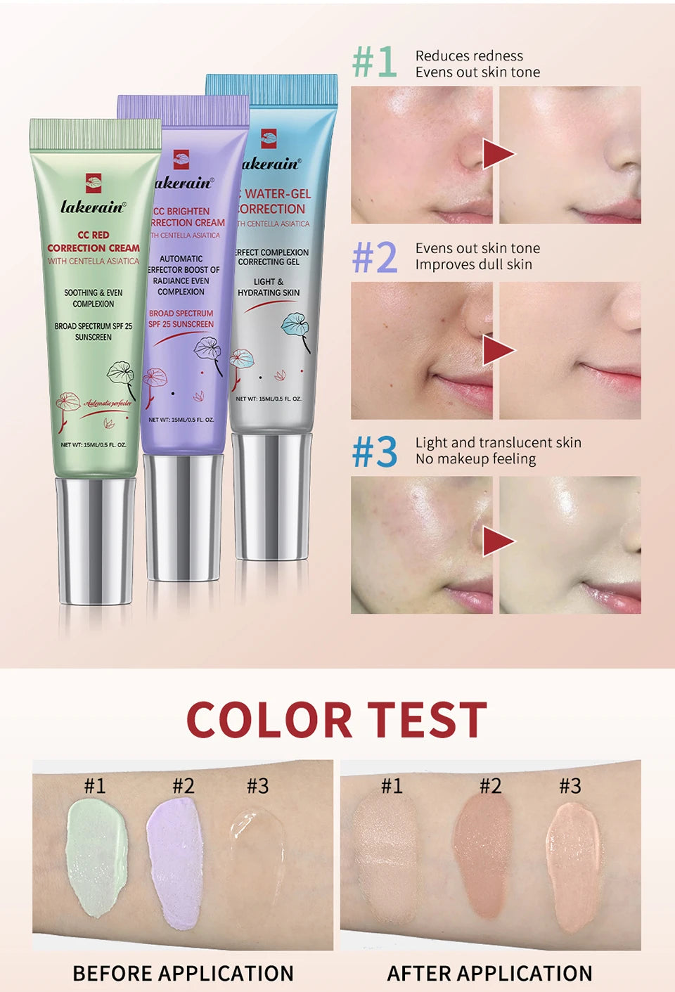 Crème CC Correctrice de Couleur 45/15ml Hydratante, Imperméable et Anti-Transpiration – Maquillage Pré-Base Longue Durée – Crème CC Transformante